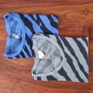 Vintage 90's Zebra Stripe Long Sleeve Thermal Top Waffle Knit Gray Black Blue